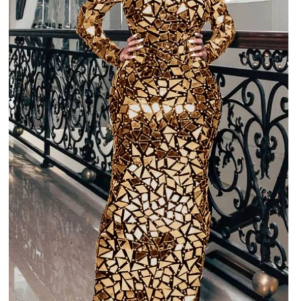Gold and Brown Long Sleeve Mock Neck Evening Gown